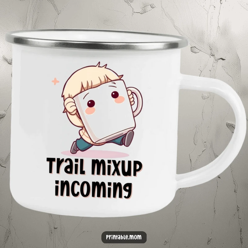 Funny Camping Mug: Character comically tripping while holding a giant coffee mug, a durable and humorous outdoor essential.