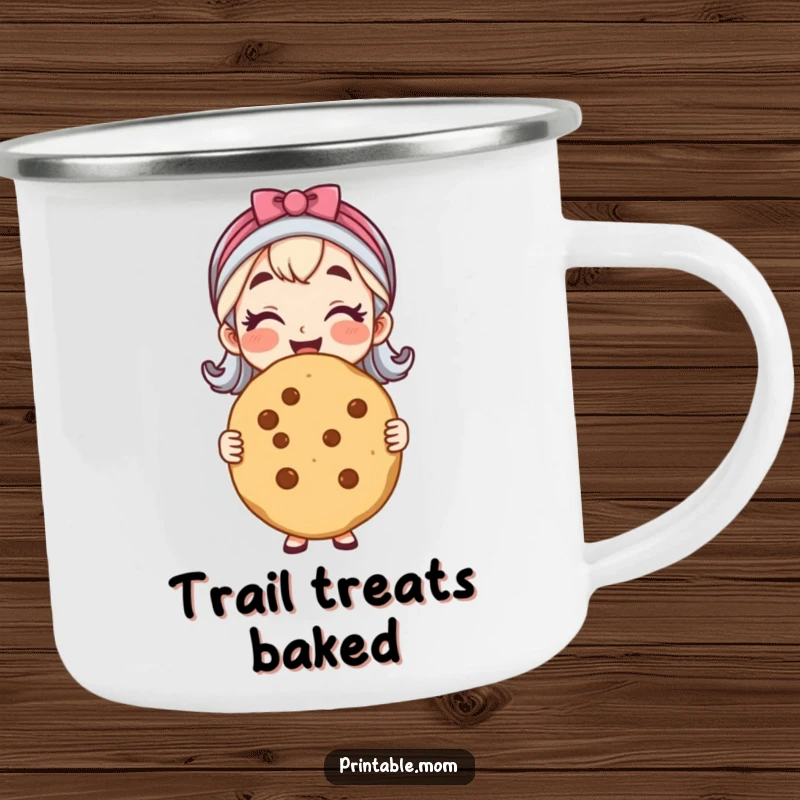 Funny enamel camping mug with a cheerful mom holding a huge, flawless cookie, perfect for outdoor enjoyment.