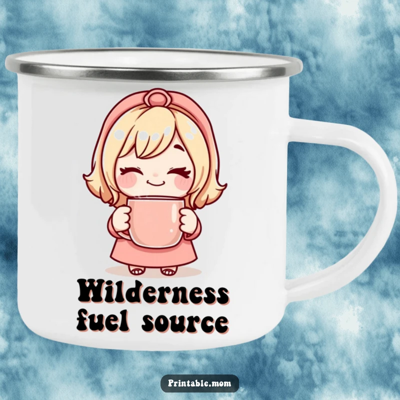 Funny Mom Camping Mug with a mom character giving a playful wink, holding a steaming mug.
