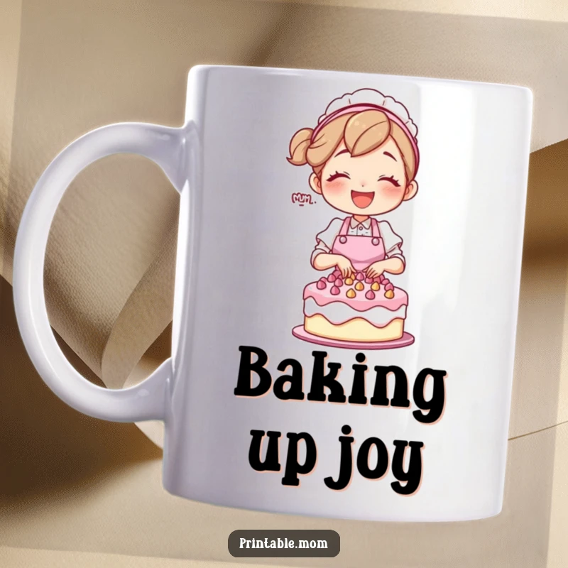 Funny mom character in an apron, joyfully decorating a cake, on a mug.