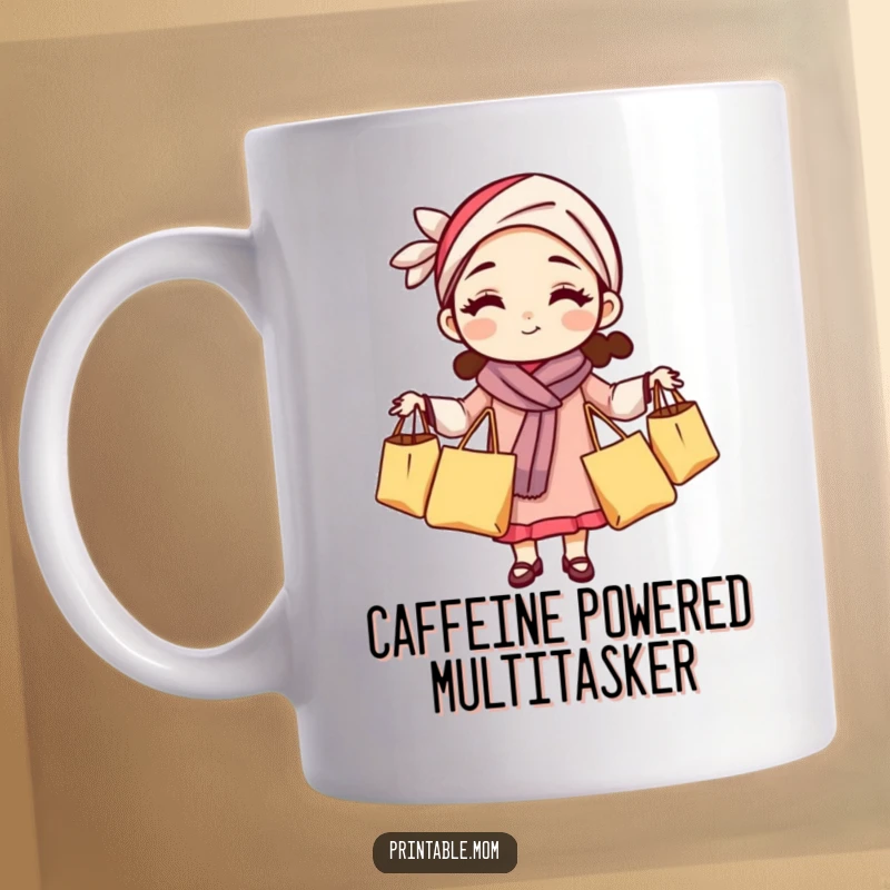 Funny mom mug depicting a woman wearing a headband, skillfully juggling grocery bags, symbolizing multitasking.