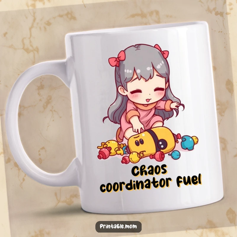 Funny mom mug showing a woman tripping over scattered toys, embodying the relatable chaos of parenting.