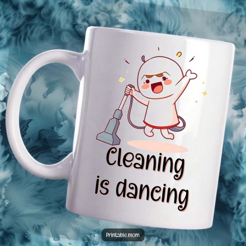 Funny mug featuring a character performing a silly, energetic dance while holding and operating a vacuum cleaner, celebrating cleaning joy.