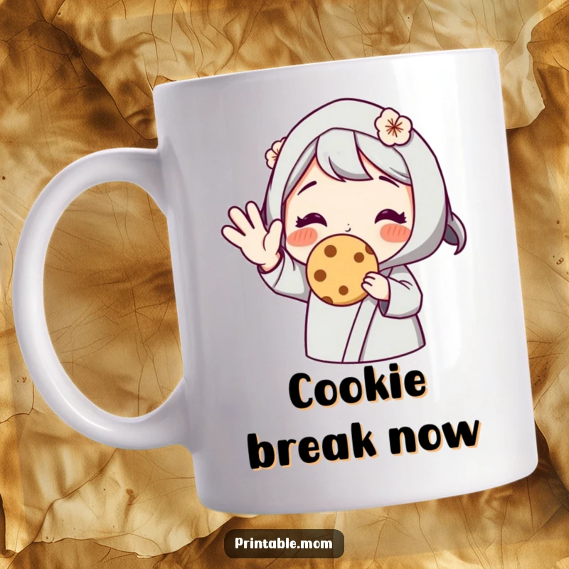 Funny mug featuring a mom character cheerfully waving and offering a warm cookie, symbolizing kindness and a sweet treat, a lovely gift.