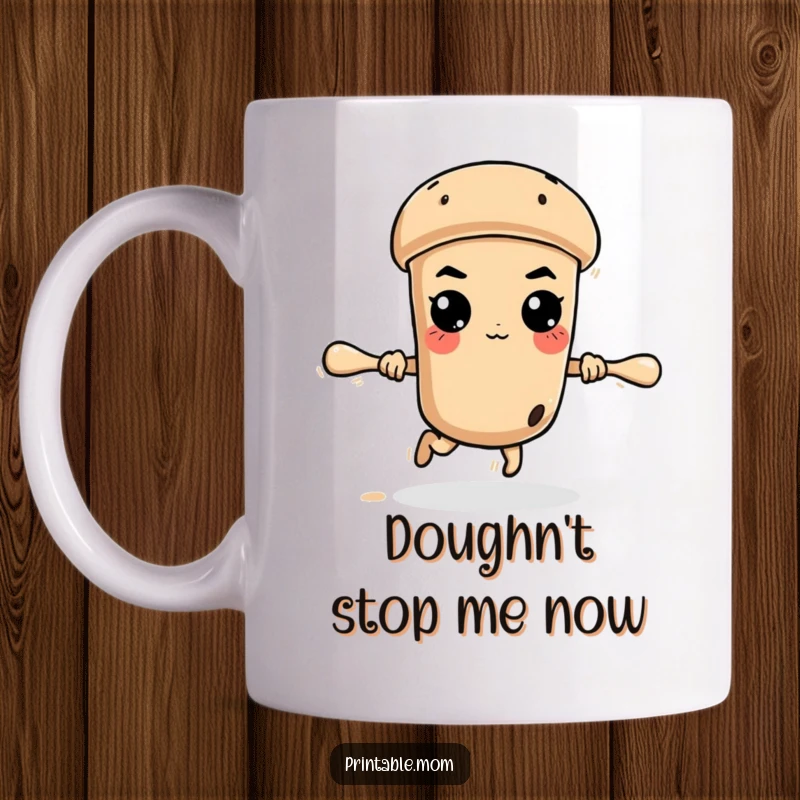 Funny runaway rolling pin with a determined expression, on a mission, perfect for a humorous coffee mug