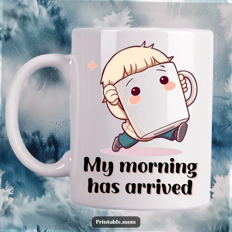 Funny Coffee Mug: Character comically tripping while holding a giant coffee mug, a hilarious gift for coffee lovers.