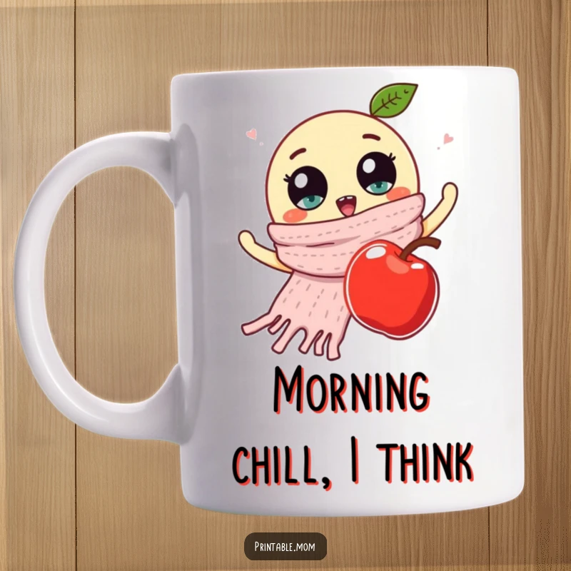 Funny mug with a knitted scarf adorned with googly eyes, dramatically waving at a falling apple, creating a comical scene.