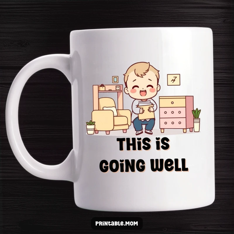 Funny mug showing a character comically failing to assemble flat-pack furniture with a perplexed expression.