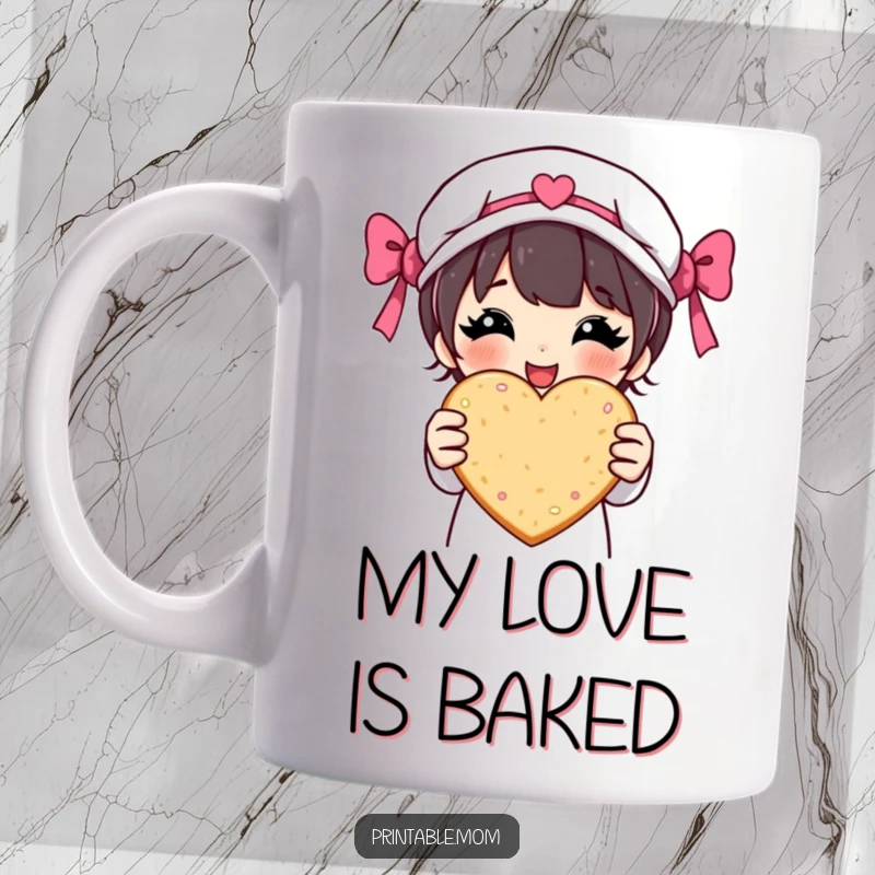 Funny mug featuring a proud mom character holding a delicious heart-shaped cookie, celebrating her baking achievements with a warm smile.