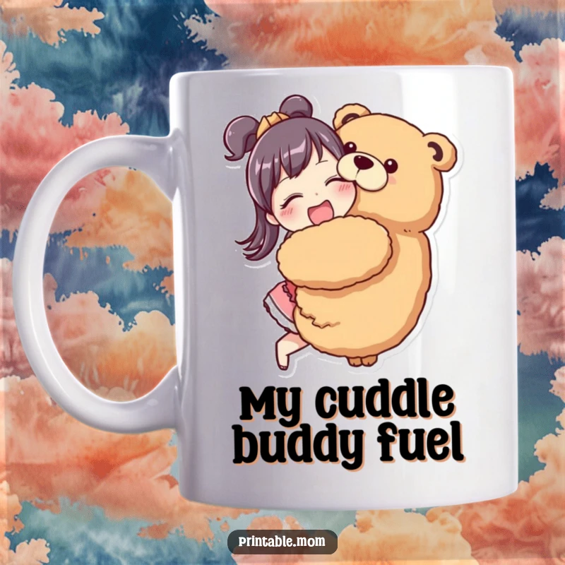 Funny Mom Mug featuring a mom character enthusiastically hugging a very large stuffed animal.