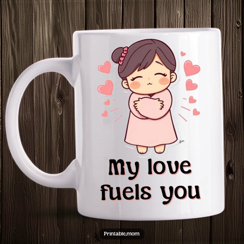 Funny Mom Mug with a character giving a warm hug, hearts radiating outwards, symbolizing love and affection, a perfect sentimental gift.