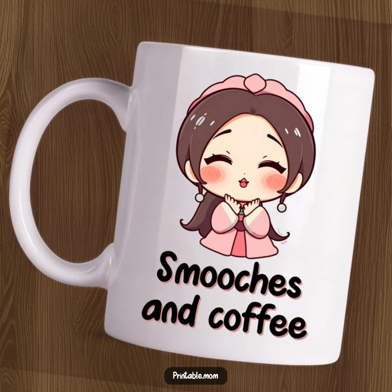 Funny mug with a mom character, rosy cheeks, happily blowing a kiss, conveying warmth and affection, perfect for Mother's Day.