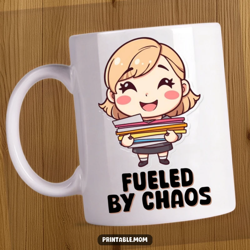 Funny cheerful mom character with a big smile holding a stack of colorful papers, on a mug.