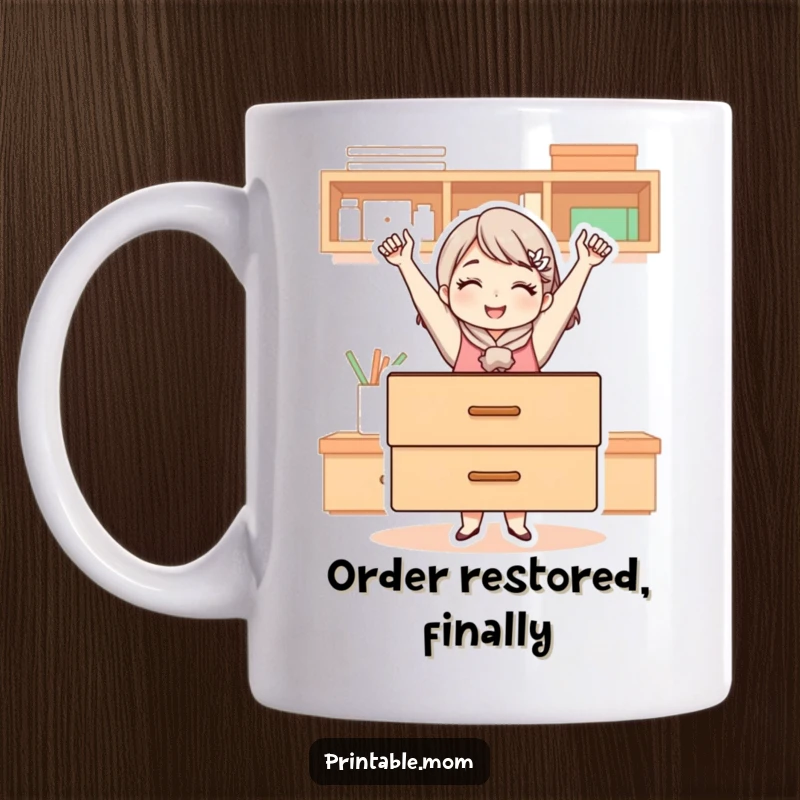 Funny mug illustrating a triumphant mom character proudly displaying a perfectly neat and organized drawer, a symbol of her domestic skill.