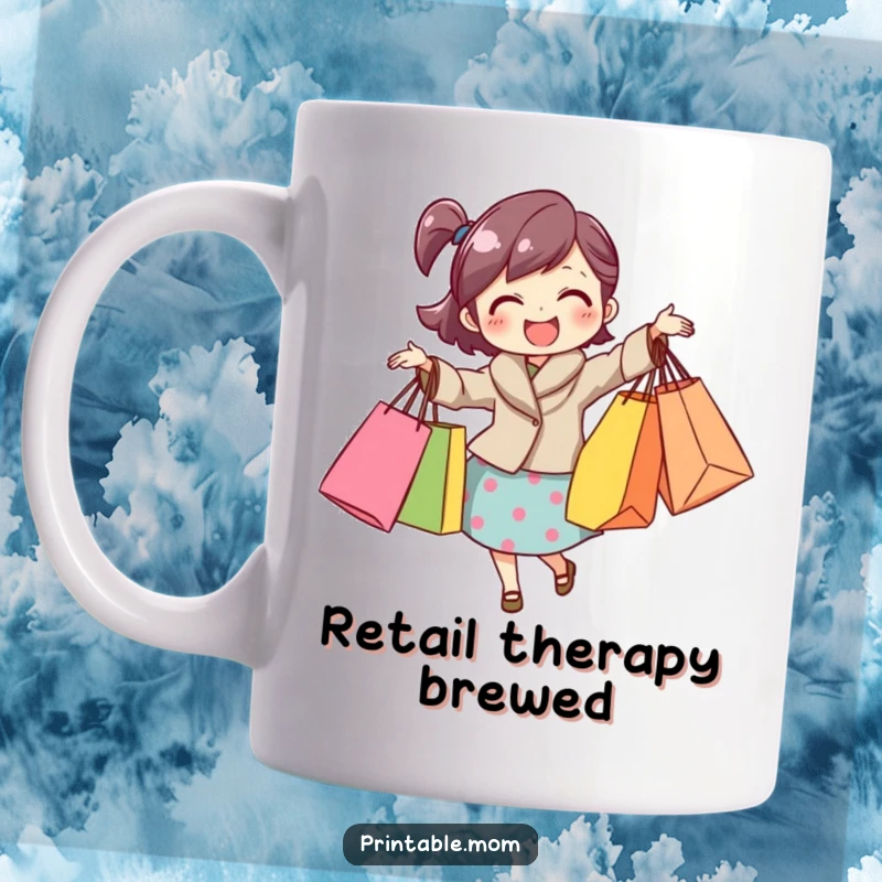 Funny mom mug depicting a joyful mom balancing many shopping bags, celebrating retail therapy with a smile.