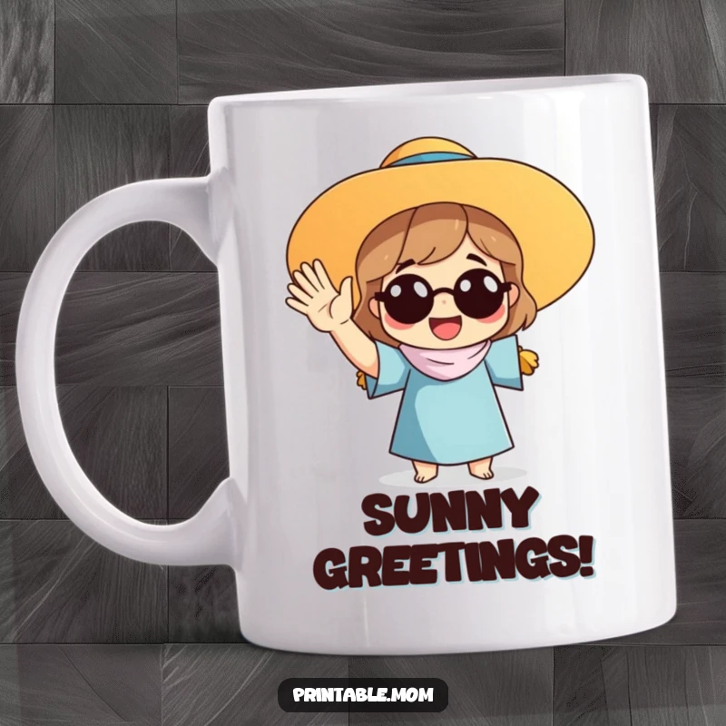 Funny mug of a mom wearing a sun hat and waving enthusiastically, depicting cheerful greetings and warm personality.