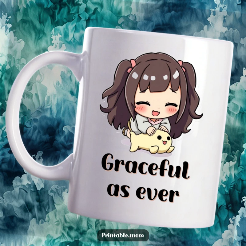 Funny mom mug showing a smiling mom comically tripping over a toy, highlighting the humor in parenting.
