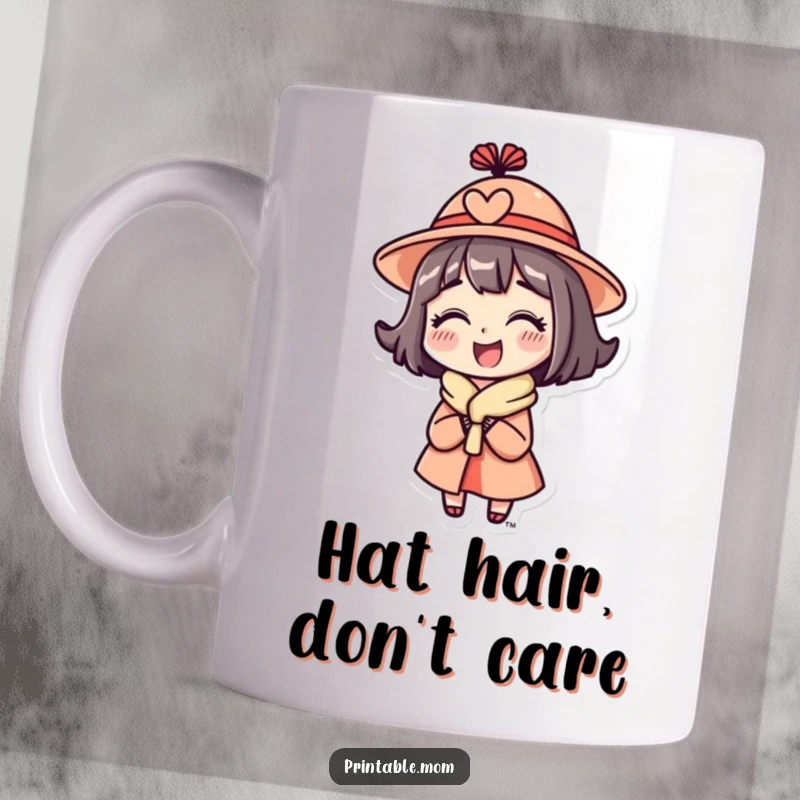 Funny Mom Mug featuring a mom character wearing a funny hat and looking absolutely delighted.