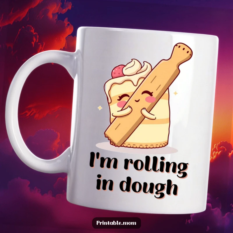 Funny Cake Mug showing a cheerful cake attempting to comically hug a giant rolling pin, a humorous baking-themed design.