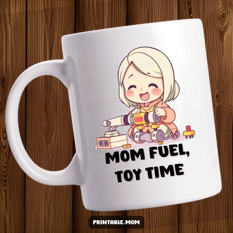 Funny mug showing a giggling mom character delightedly trying to assemble a complicated toy, capturing the humorous side of parenthood.