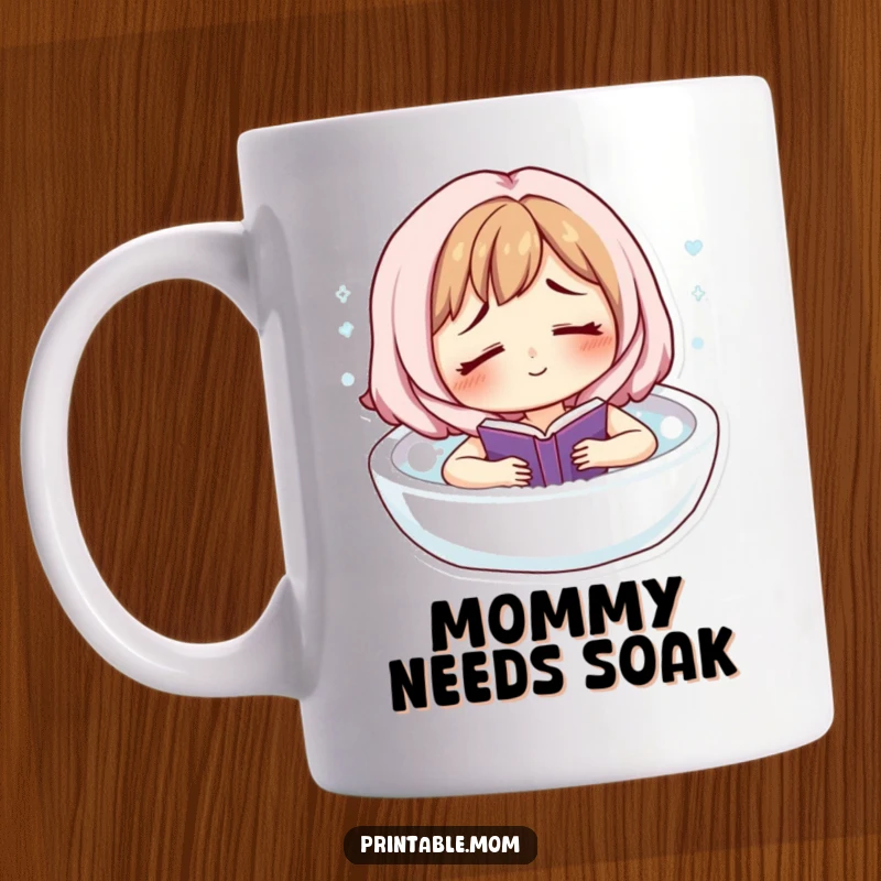 Funny mug showcasing a tired but smiling mom character blissfully floating in a bubbly bath, engrossed in reading a book.
