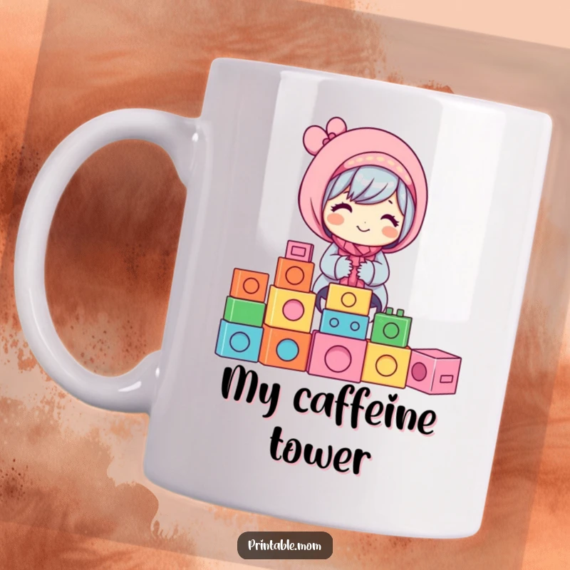 Funny Mom Mug: A happy mom character joyfully stacking colorful building blocks, a fun and funny gift.