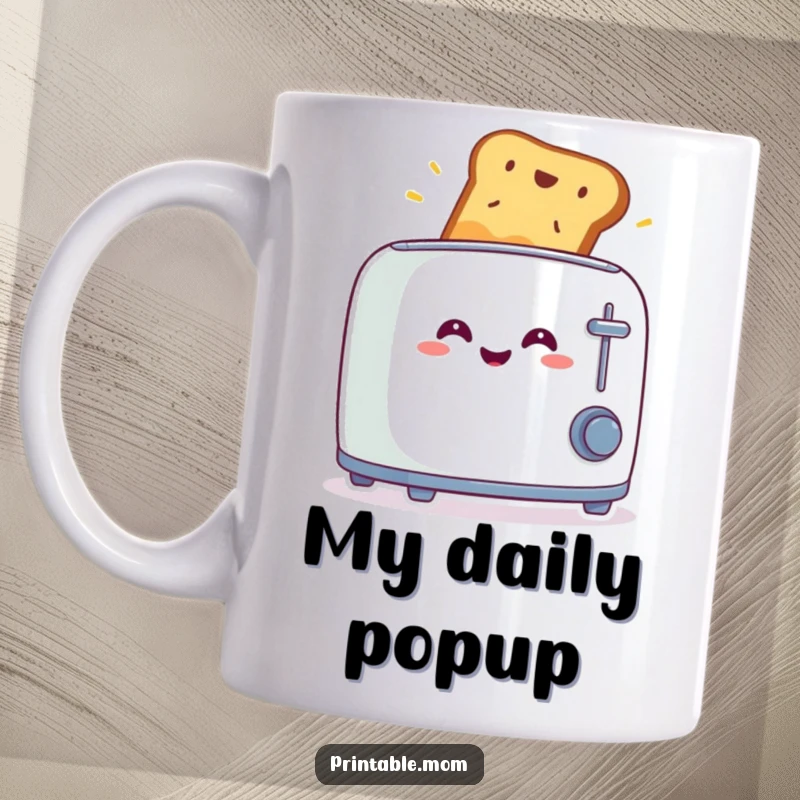 Funny mug showing a smiling toaster with a loaf of toast dramatically launching out in a state of surprise.