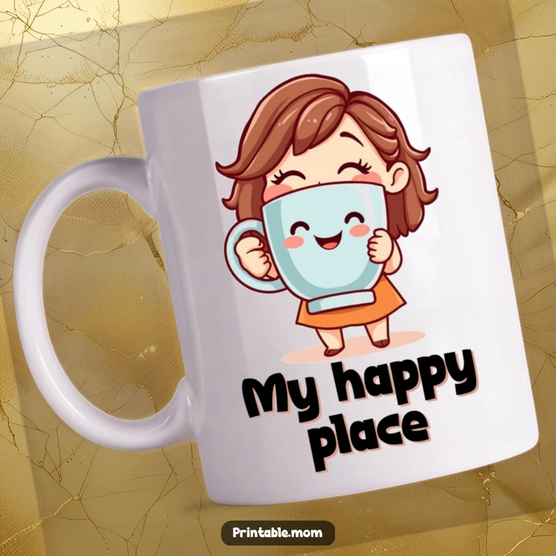 Funny mug showing a smiling mom character holding a giant coffee mug, ready for her morning caffeine.