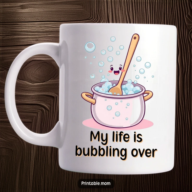Funny Mug featuring a bewildered spoon stirring an overflowing pot of bubbles in a comical kitchen scene.