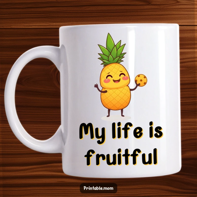 Funny Mug showing a giggling pineapple juggling small round fruits with its leafy top.