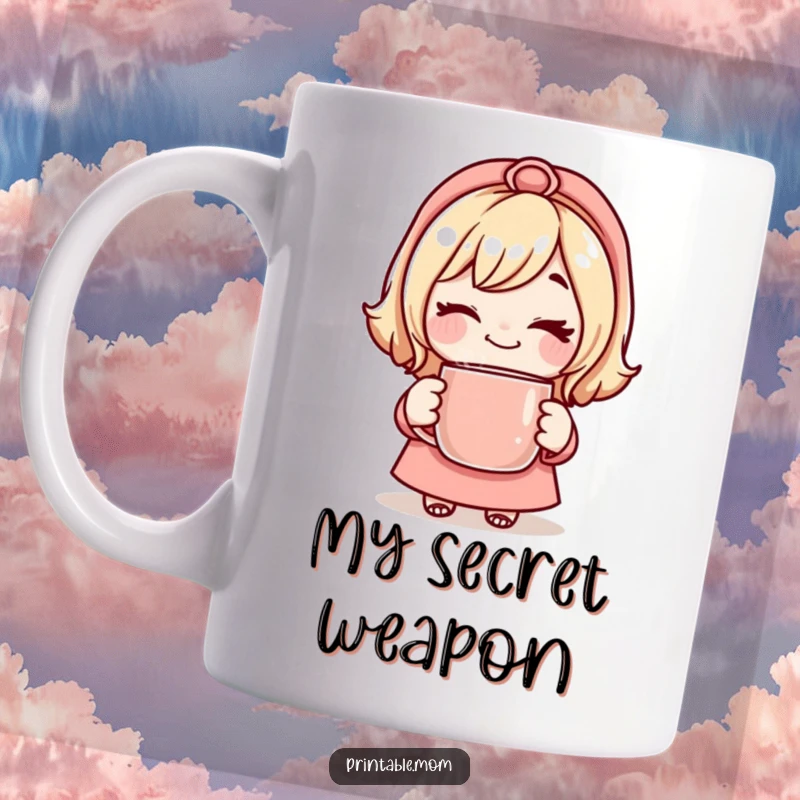 Funny Mom Mug featuring a mom character with a playful wink, holding a steaming mug of coffee.