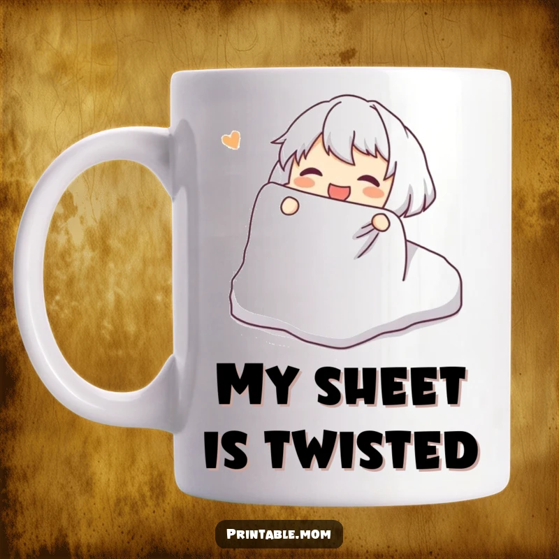 Funny Mug: Character joyfully attempting to fold a fitted sheet, a humorous and relatable kitchen or office accessory.
