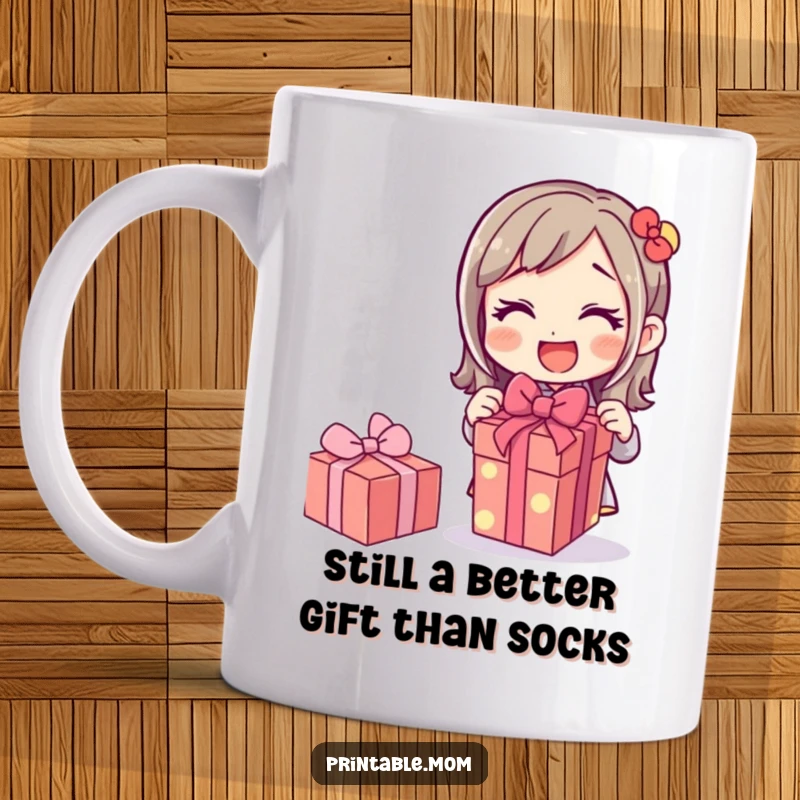 Funny mug featuring a mom character excitedly unwrapping a beautifully wrapped gift, showcasing pure joy and surprise, a perfect gift for moms.