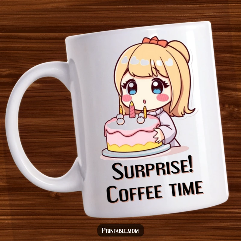 Funny mug with a surprised mom character looking delighted, holding a perfectly decorated cake, celebrating a sweet achievement.