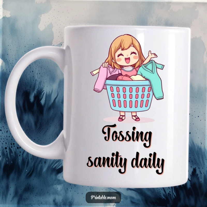 Funny mug depicting a happy mom character energetically tossing clothes from a laundry basket, celebrating laundry day.