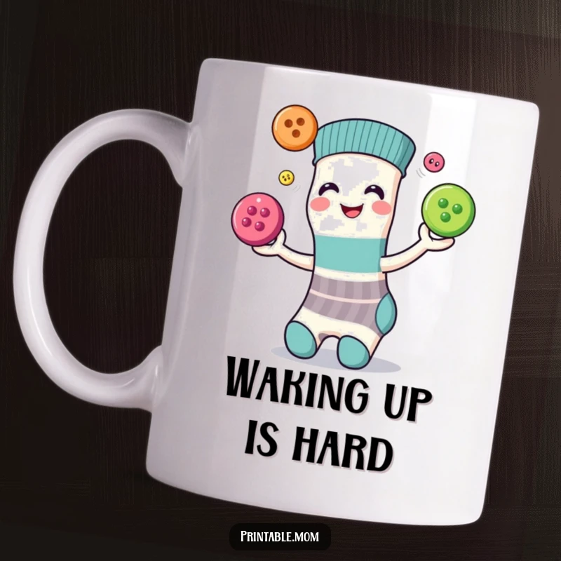 Funny mug with a smiling sock character enthusiastically juggling three colorful buttons, showcasing its playful personality.