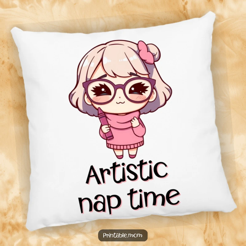 Funny pillow featuring a mom character with big glasses winking while holding a crayon, for creative comfort.