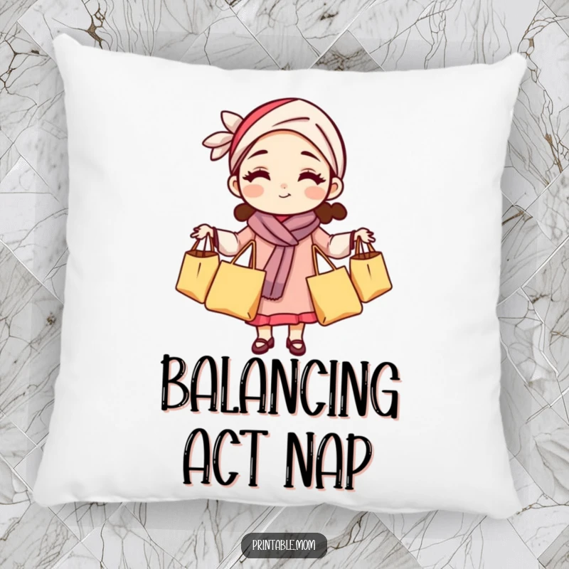 Funny mom pillow featuring a woman juggling grocery bags, adding a humorous and cozy touch to any room.