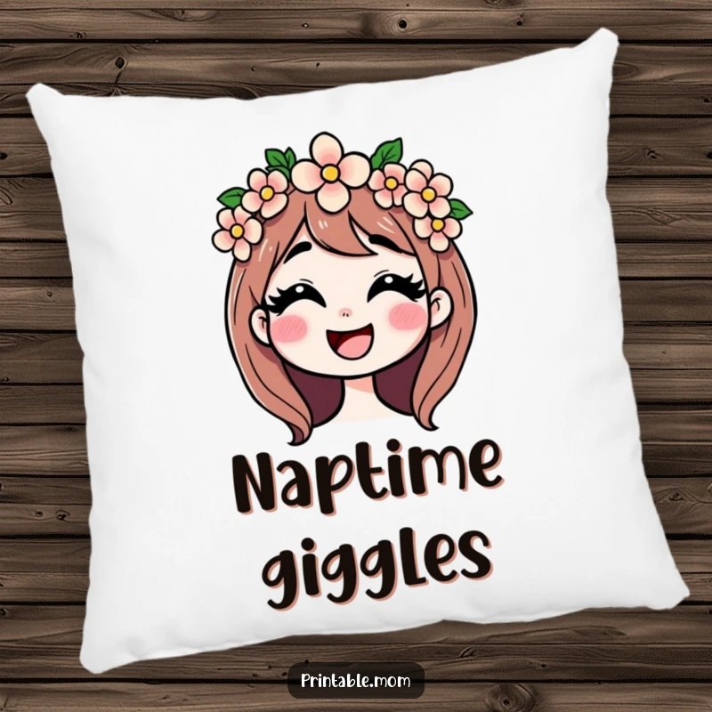 Funny pillow with a mom wearing a flower crown and giggling, offering comfort and a touch of maternal happiness.