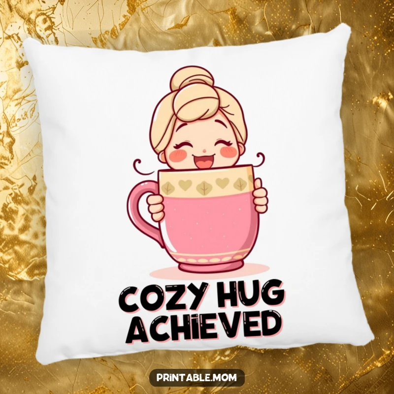 Funny pillow featuring a smiling mom character hugging a giant, colorful coffee mug, perfect for cozying up with.