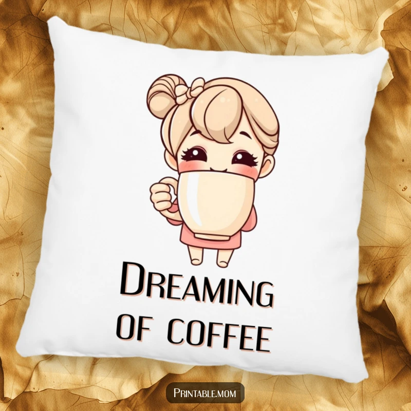 Funny pillow with a cheerful mom character embracing a large coffee mug, offering comfort and a humorous accent to any seating area.