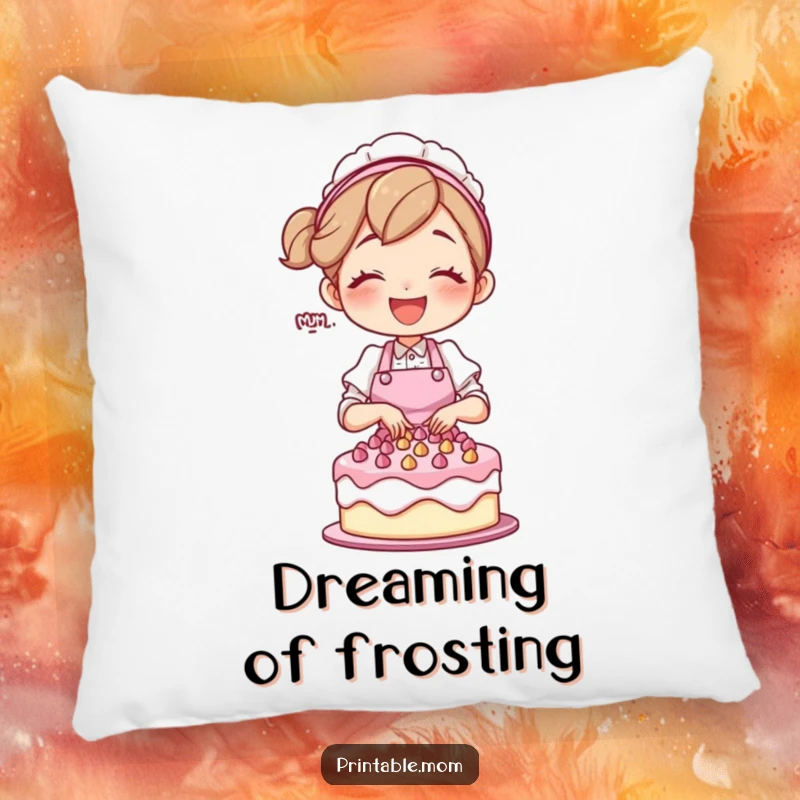 Funny mom character in an apron, joyfully decorating a cake, on a soft, decorative pillow.