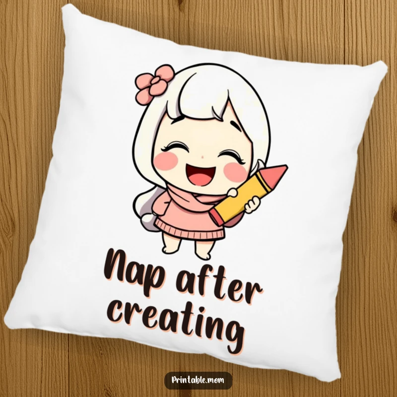 Funny mom pillow with a cheerful character giggling while holding a colorful crayon, offering a soft and humorous accent.