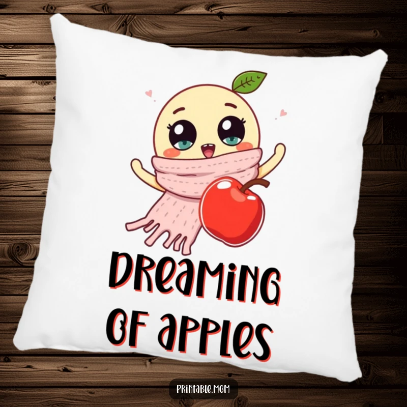 Funny pillow showing a knitted scarf with googly eyes waving at a falling apple, perfect for adding a humorous touch to sofas.