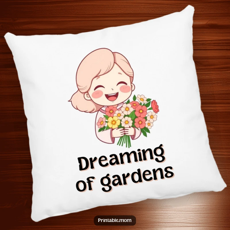 Funny pillow showcasing a mom character laughing heartily while holding a bouquet of flowers, providing comfort and a cheerful accent.