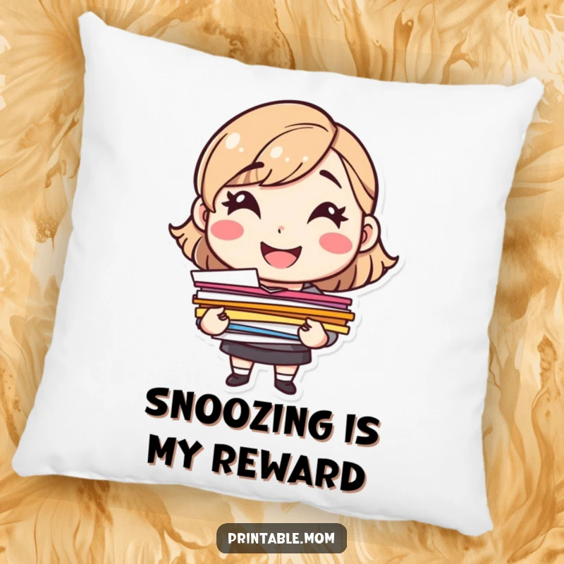 Funny cheerful mom character holding a stack of colorful papers, on a soft, decorative pillow.