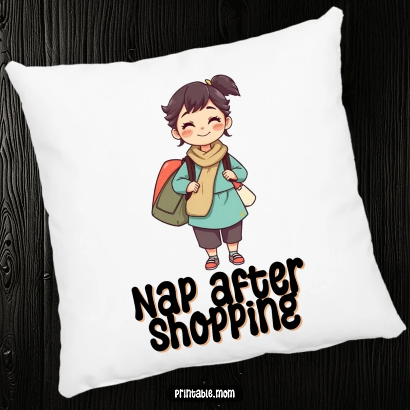 Funny pillow featuring a mom character balancing multiple bags, offering cozy comfort and a symbol of strength, a charming accent.