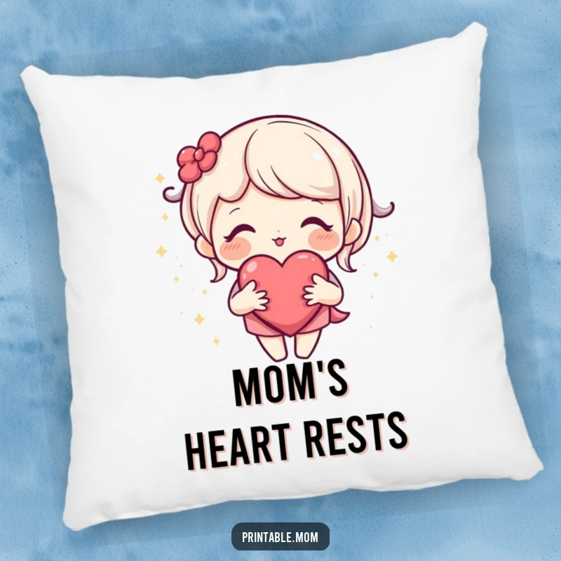 Funny pillow featuring a loving mom character with an open heart surrounded by glittering tiny sparkles, offering comfort and love.