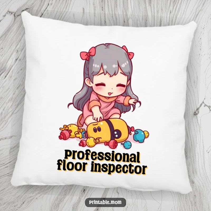 Funny mom pillow featuring a woman tripping over scattered toys, adding a humorous touch to home decor.