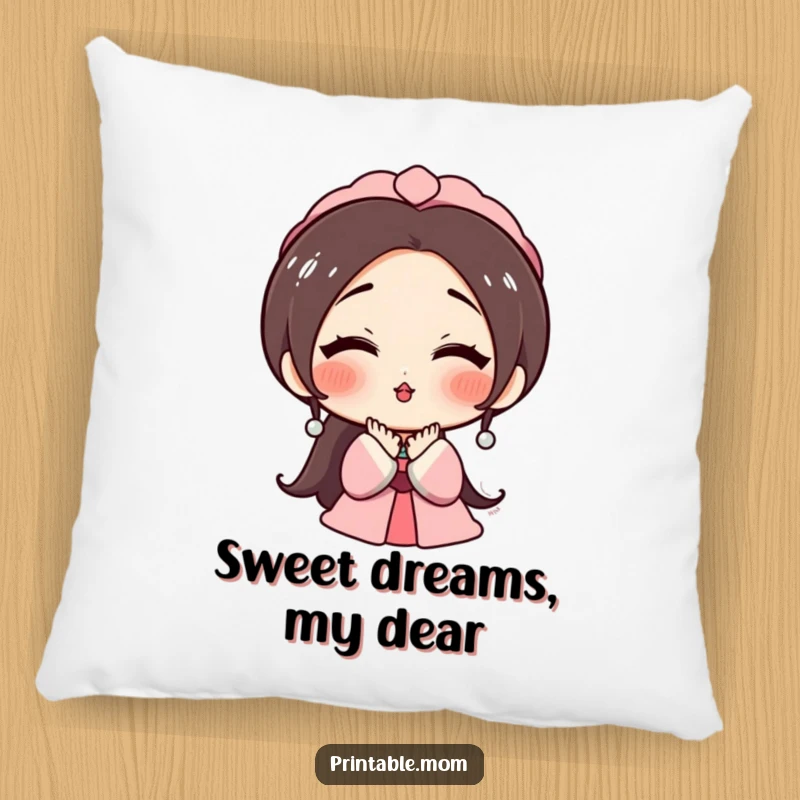Funny pillow depicting a rosy-cheeked mom character blowing a kiss, conveying unconditional love and a touch of humor.
